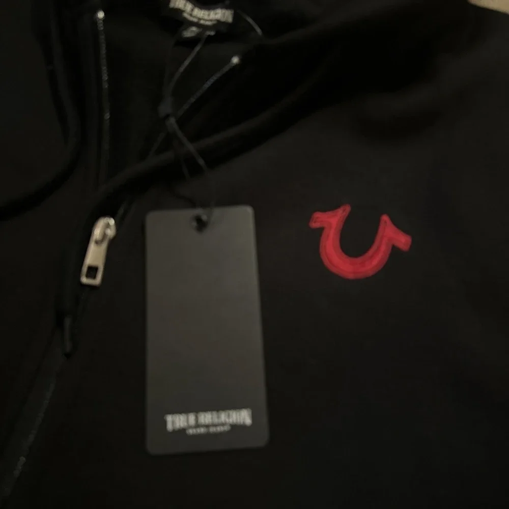 True Religion Men's Full Zip Hoodie Black‎ Embroidered Logo Large NEW